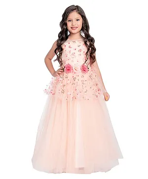 Betty By Tiny Kingdom Sleeveless Floral Embroidered Peplum Bodice Tulle Party Wear Gown - Peach