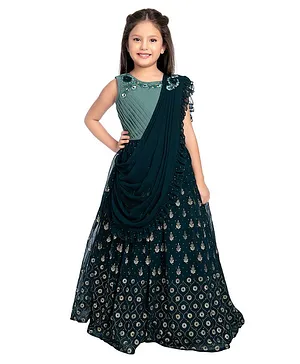 Betty By Tiny Kingdom Sleeveless Bead Embellished Pleated Yoke & Ethnic Motif Printed Flared Dress With Attached Dupatta & Flower Applique - Blue
