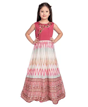 Betty By Tiny Kingdom Sleeveless Floral Bead Embellished Bodice With Chevron Ikat & Ethnic Printed Flared Dress - Pink