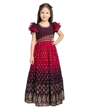 Betty By Tiny Kingdom Flutter Layered Half Sleeves All Over Motif Bead Embellished Gradient Dress - Maroon