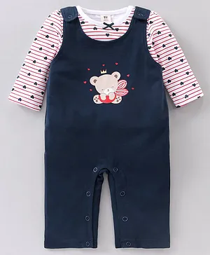 ToffyHouse Full Sleeves Rompers With Inner Tee Stripes & Hearts Print- Navy Blue
