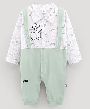Little Folks Full Sleeves Knitted Romper Bear Print & Patch - Green