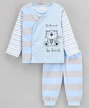 Little Folks Full Sleeves T-Shirt & Pyjama Set Stripes and Tiger Print - Blue