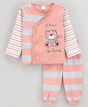 Little Folks Full Sleeves T-Shirt & Pyjama Set Stripes and Tiger Print - Peach