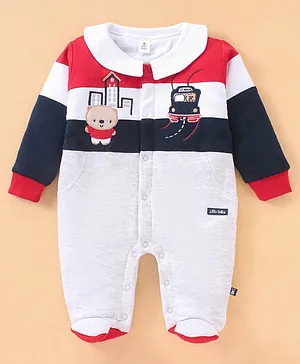 Little Folks Full Sleeves Footed Romper Bear Embroidery - White