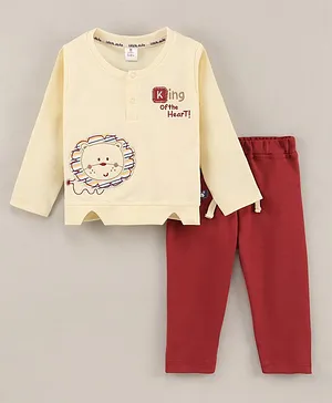 Little Folks Full Sleeves  T-Shirt & Joggers Lion Patch - Cream Red