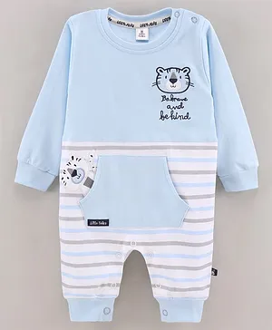 Little Folks Full Sleeves Striped Knitted Romper with Tiger Applique and Embroidery - Sky Blue