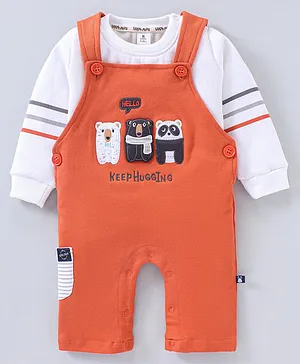 Little Folks Dungaree Style Romper With Full Sleeves T-Shirt Bear Patch - Orange White