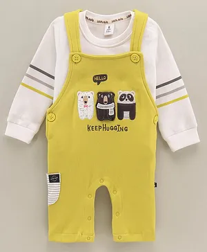 Little Folks Dungaree Style Romper With Full Sleeves T-Shirt Bear Embroidery - Yellow White