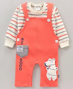 Little Folks Full Sleeves Text Printed Dungaree Style Romper With Striped Inner Tee - Orange