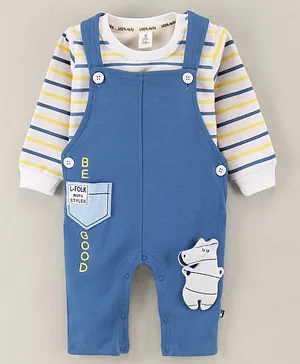 Little Folks Full Sleeves Dungaree Style Romper With Striped Inner Tee Text Print- Blue