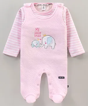 Little Folks Elephant Embroidery Dungaree Style Romper With Full Sleeves Striped Inner Tee - Pink