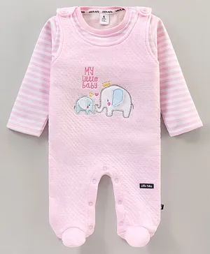Little Folks Elephant Embroidery Dungaree Style Romper With Full Sleeves Striped Inner Tee - Pink