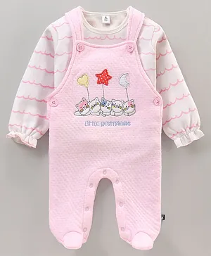 Little Folks Cat Embroidery Dungaree Style Romper With Full Sleeves Inner Tee - Pink