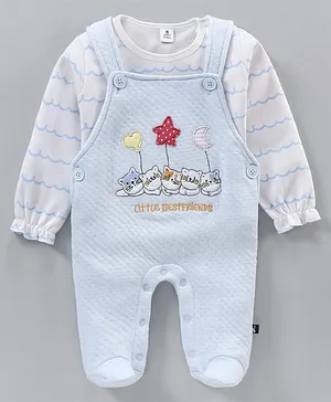 Little Folks Cat Embroidery Dungaree Style Romper With Full Sleeves Inner Tee - Blue