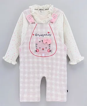 Little Folks Winter Wear Checked Dungaree & Full Sleeves Top Set Cat & Text Embroidery - Pink Off White