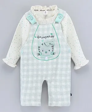 Little Folks Winter Wear Checked Dungaree & Full Sleeves Top Set Cat & Text Embroidery - Green Off White