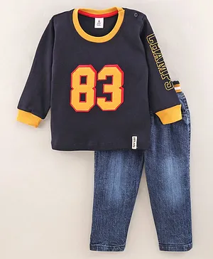 Little Folks Full Sleeves T-Shirt With Applique Embroidery & Denim Jeans- Navy Blue