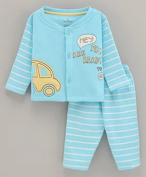 Child World Cotton Knit Full Sleeves Striped Winter Night Suit Text Print - Blue