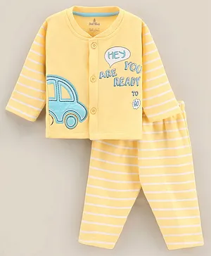 Child World Cotton Knit Full Sleeves Striped Winter Night Suit Text Print - Yellow