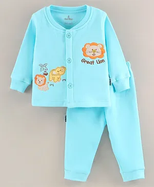 Child World Cotton Knit Full Sleeves Winter Night Suit Lion Applique - Blue