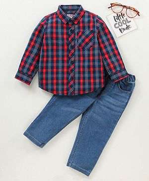 Babyhug Cotton Woven full Sleeves Shirt and Jeans Check Pattern - Blue Red