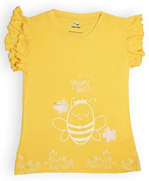 Miko Lolo Frill Sleeves Queen Bee Print Top - Yellow