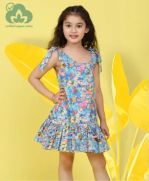 Miko Lolo Sleeveless Seamles Flower & Bee Printed Ruffle Detailed Shoulder Tie Up Organic Cotton Dress - Blue