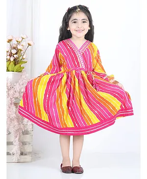 Kinder Kids Three Fourth Frill Sleeves Sequins Embellished Lehriya Dress - Pink