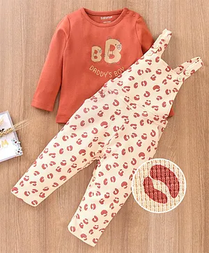 Babyoye Dungaree Style Romper With Full Sleeves Tee Text Print - Red