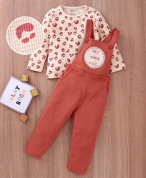 Babyoye 100% Cotton Dungaree with Full Sleeves Tee Text Print - Red
