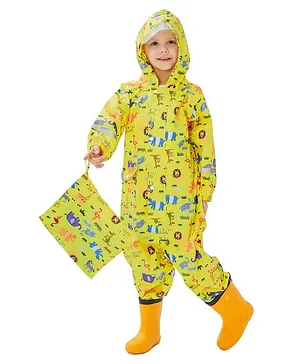 Little Surprise Box Full Sleeves All Over Animal Printed Hooded Raincoat - Yellow