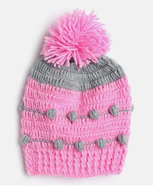 MayRa Knits Hand Knitted Pom Pom Detail Cap - Pink