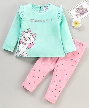 Babyhug Cotton Full Sleeves Top & Leggings Set Kitty & Glitter Print- Mint Pink