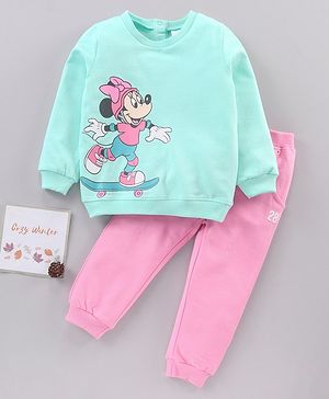 Babyhug Cotton Full Sleeves Minnie Mouse Printed SweatShirt & Solid Joggers - Blue Pink