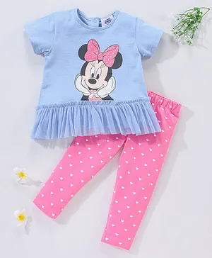 Babyhug 100% Cotton Knit Half Sleeves Top and Legging Set Minnie Mouse Print - Blue & Pink