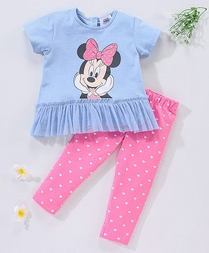 Babyhug 100% Cotton Knit Half Sleeves Top and Legging Set Minnie Mouse Print - Blue & Pink