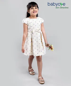 Babyoye Puffed Sleeves Party Wear Jacquard Frock Floral Print - White