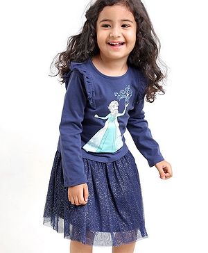 Babyhug 100% Cotton Full Sleeves Princess Elsa Top & Glitter Embellished Skirt Set - Navy