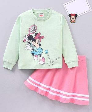 Babyhug Full Sleeves Cotton Top & Skirt Set Stripes & Minnie Mouse Print- Lime Pink