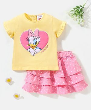 Babyhug 100 % Cotton Half Sleeves Duck Printed Top & Heart Printed Skirt - Yellow Pink