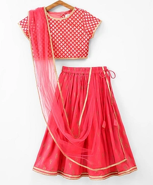 Babyoye Half Sleeves Choli and Lehenga set with Dupatta Printed - Pink