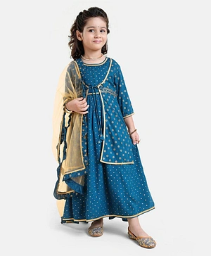Babyoye Sleeveless Rayon Embellished & Printed Ethnic Dress With Three Fourth Sleeves Jacket & Dupatta - Navy Blue