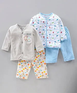 OHMS Cotton Knit Full Sleeves Night Suit Set Multi Print Pack of 2 - Multicolour