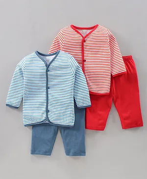 OHMS Full Sleeves Cotton Striped Night Suit Pack of 2 - Orange Blue