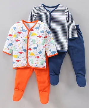 OHMS Full Sleeves Cotton Striped and Dino Printed Night Suit Pack of 2 - Orange Blue