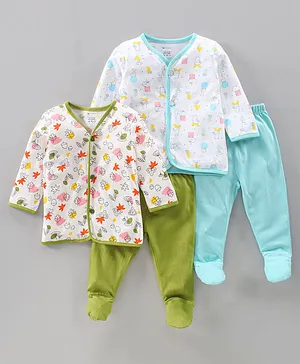 OHMS Full Sleeves Cotton Floral and Animal Printed Night Suit Pack of 2 - Green Blue