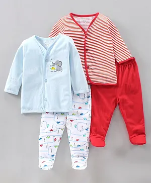 OHMS Full Sleeves Cotton Striped and Vehicle Printed Night Suit Pack of 2 - Blue Red
