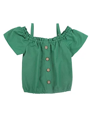 Actuel Short Cold Shoulder Puffed Sleeves Solid Woven Top - Green