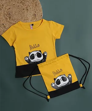Actuel Half Sleeves Hello Panda Print Top With Bag - Yellow